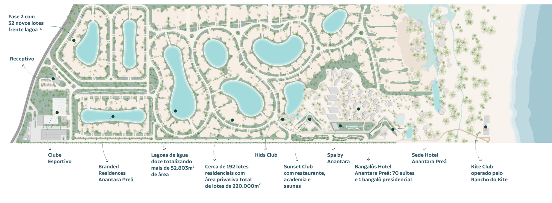 Masterplan do condomínio Vila Carnaúba com lagoas e amenidades
